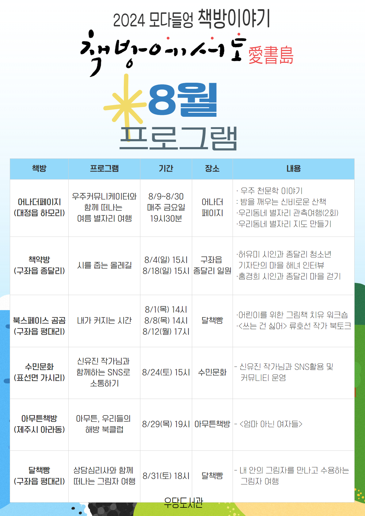 「모다들엉 책방이야기」 '책방에서도(愛書島)' 8월 프로그램 안내 